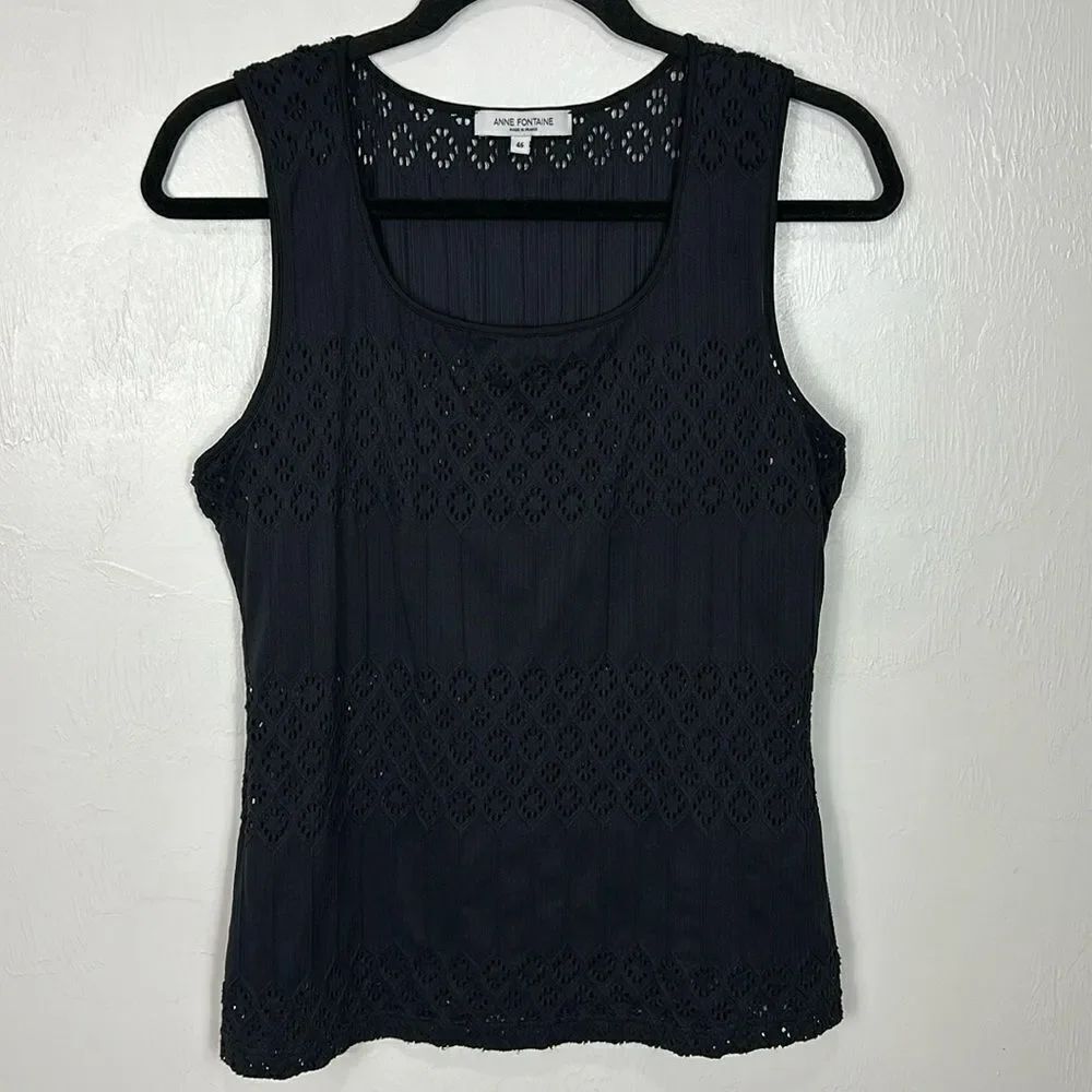 Anne Fontaine Cassandra Black Square Neck Lazer Cut Tank Top Size 14